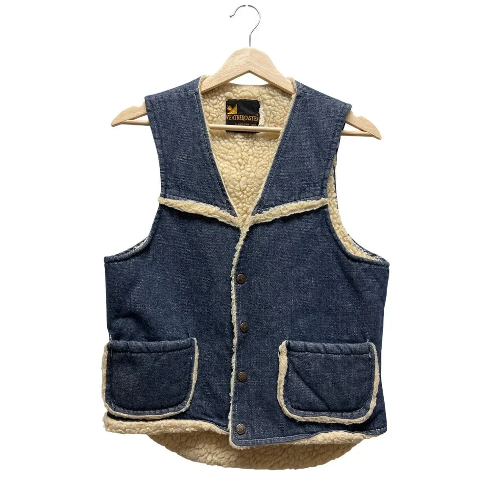 Weathercaster Vintage 70's Denim Sherpa Lined Western Vest - Picture 2 of 7